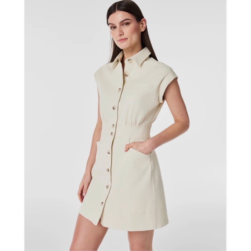 Spanx Stretch Twill Button Down Mini Dress Cream Tan Utility Cap Sleeve Small